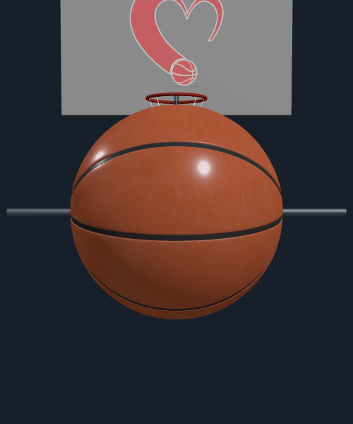 Rear view of a basketball spinning about a perfect, untilted axis.