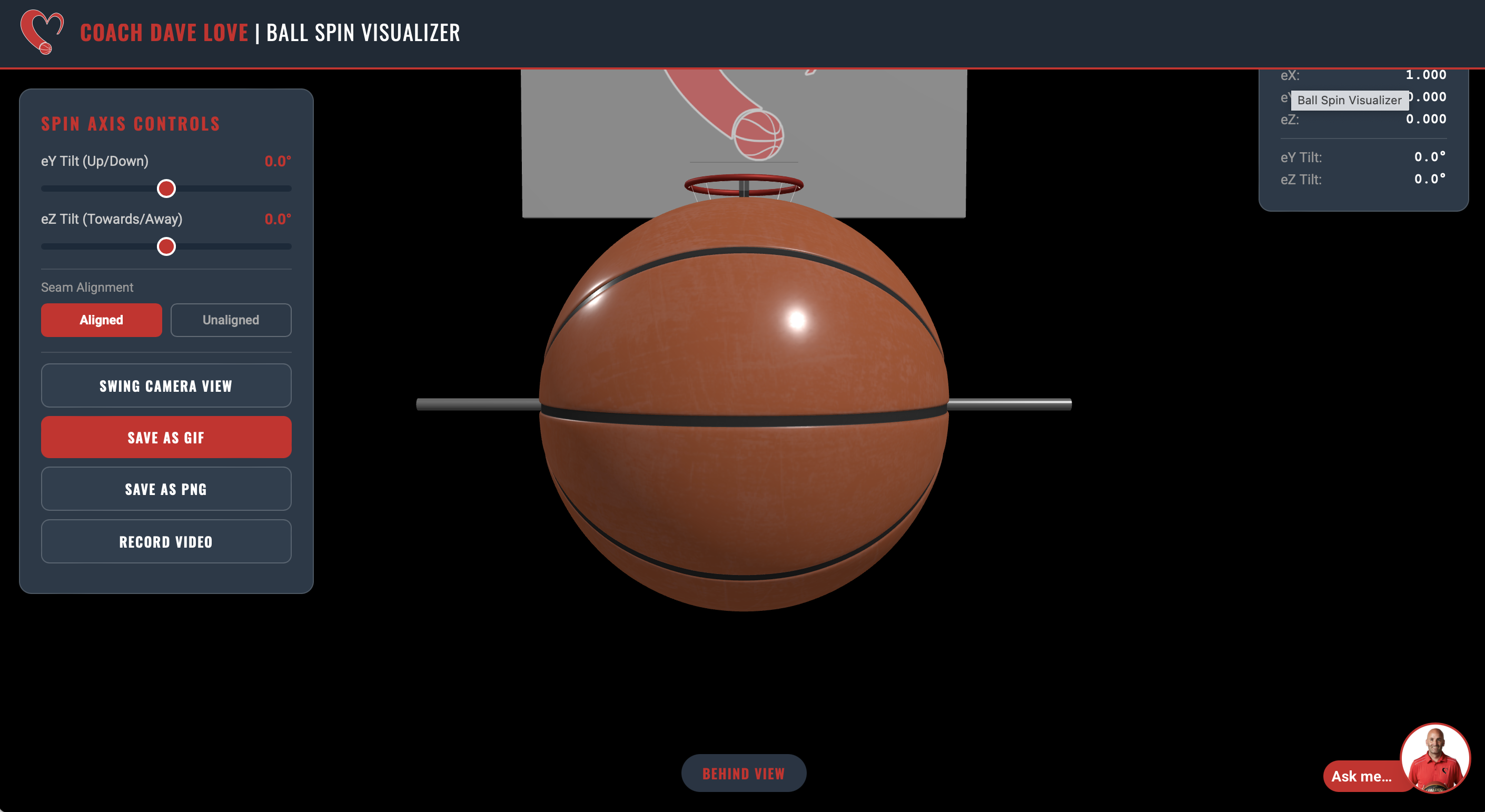 Ball Spin Visualizer — backspin and rotation axis shown in 3D