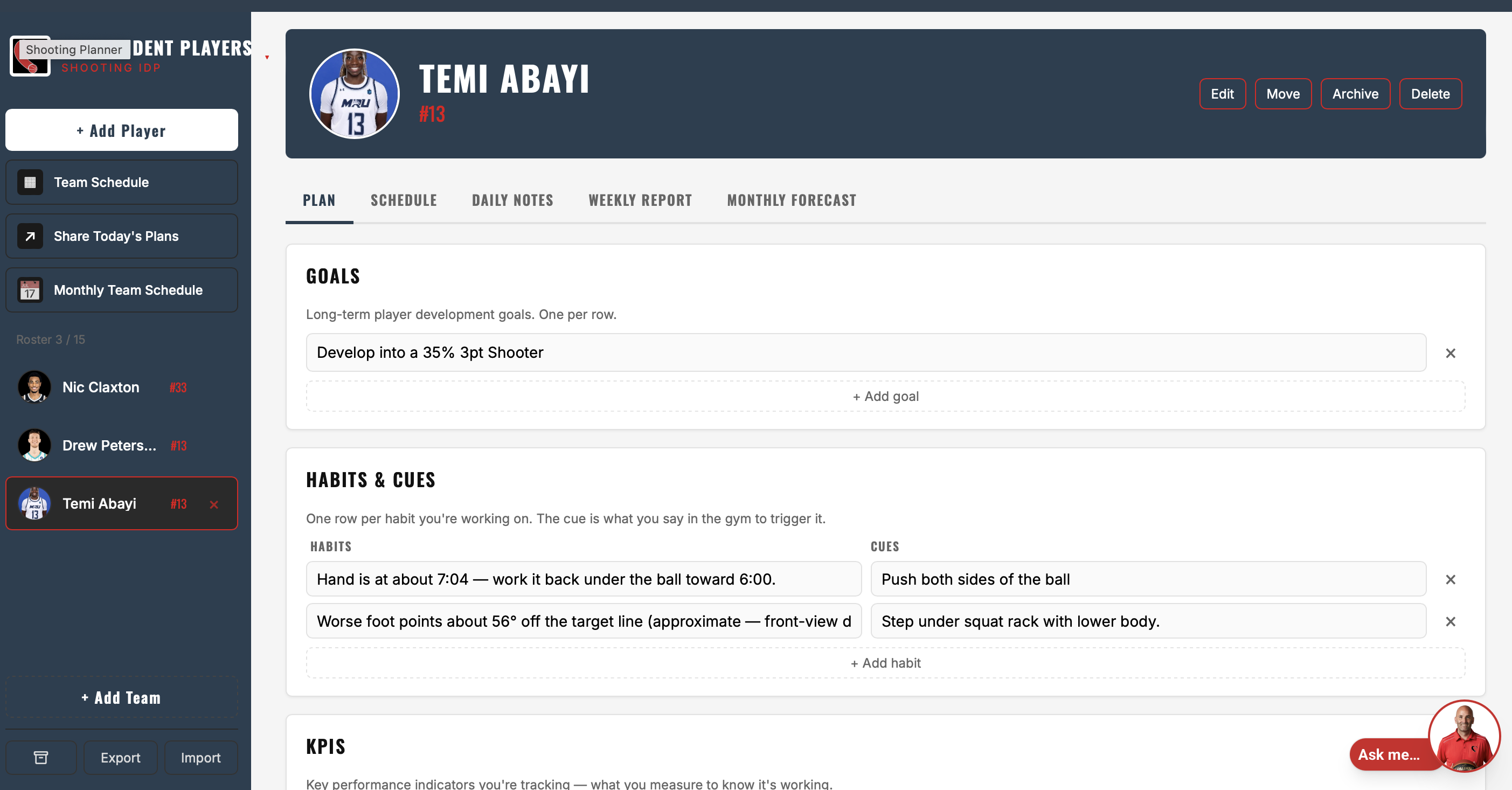 Shooting Planner — a player development plan with goals, habits, and cues