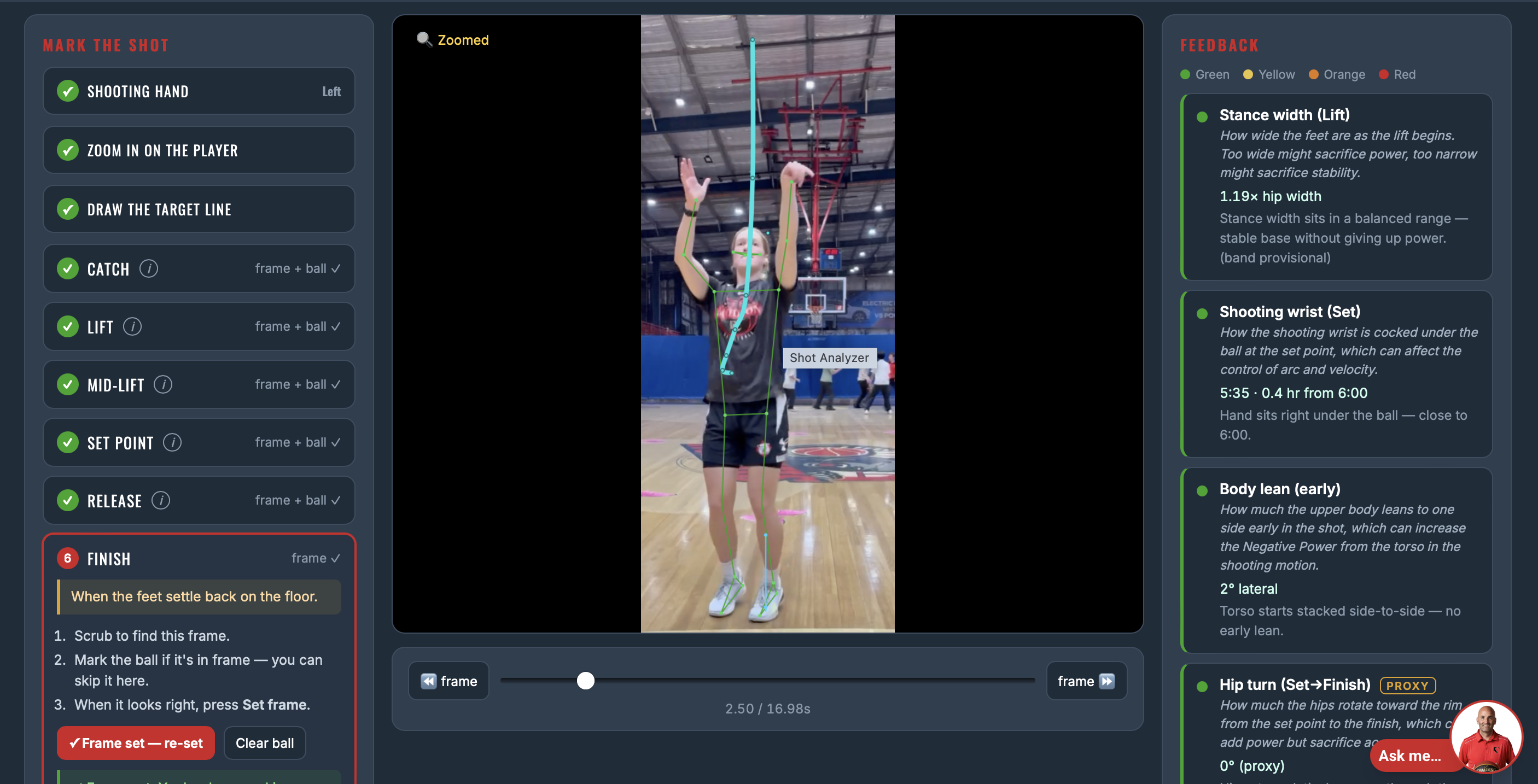Shot Analyzer — a player's shot analyzed frame by frame with skeletal tracking and feedback