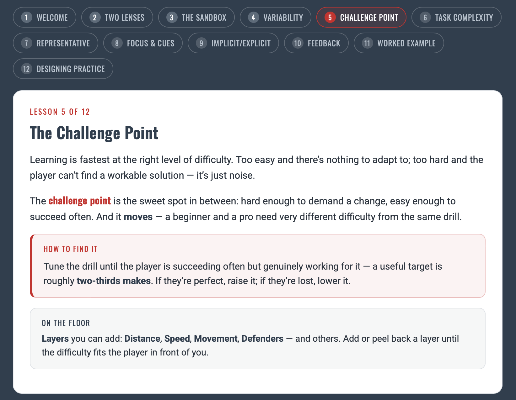 Skill acquisition learning module — a lesson on the Challenge Point