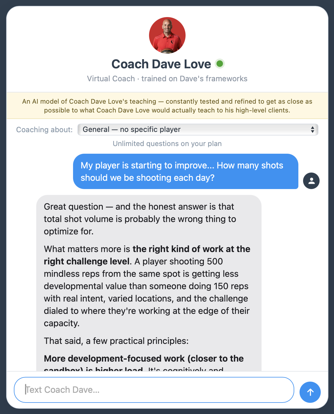 Virtual Coach Dave Love answering a real coaching question about shot volume